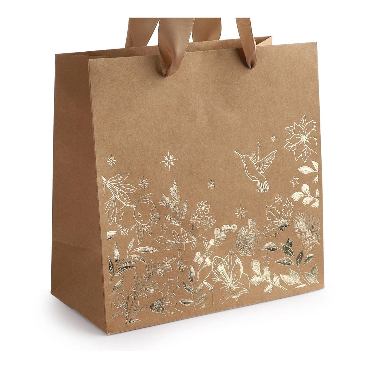 Kraft kerstdraagtas 20 cm met satijnen handvatten, zijaanzicht - Kadopapier.net
