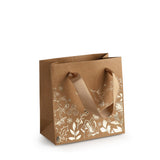 Kraft kerstdraagtas met goudfolie bloemen, 12 x 12 x 6 cm - Kadopapier.net