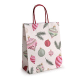 Kerstdraagtas met roze en groene kerstballen, voorkant - Kadopapier.net
