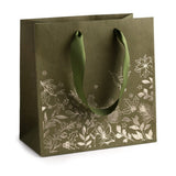 Mosgroene kerstdraagtas met goudfolie bloemen, 20 x 20 x 8 cm - Kadopapier.net