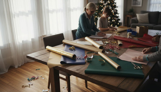 Multiple gift wrap colors in use at family table