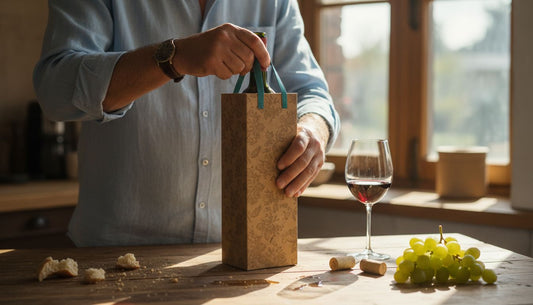 Man verpakt wijnfles aan keukentafel