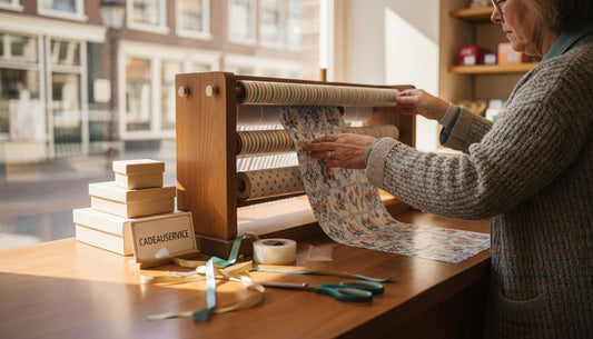 Een winkelmedewerker pakt cadeaus in met behulp van een inpakdispenser.