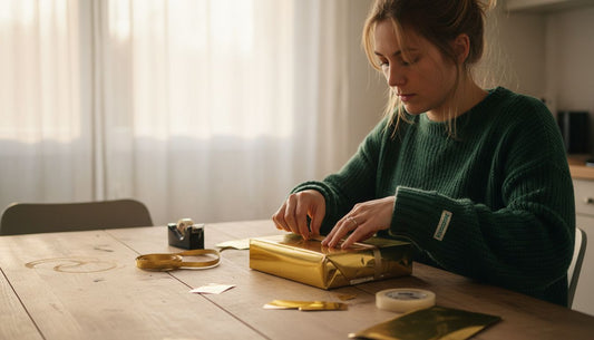 Een vrouw is zorgvuldig een cadeau aan het inpakken met goudkleurig papier.