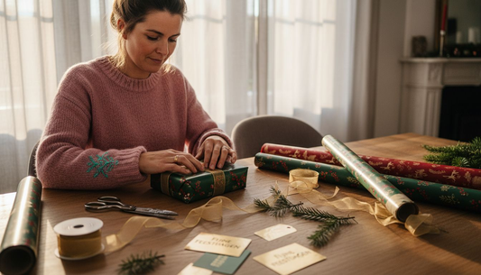 Een vrouw pakt cadeautjes in met prachtig luxe kerstpapier.
