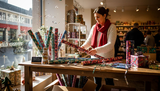 Een medewerker van de winkel zet een vrolijke display op met kleurrijk kerstinpakpapier.