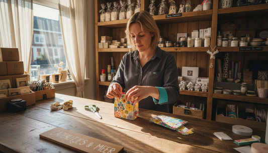 Een medewerker achter de kassa grijpt een klein zakje van de balie.