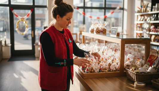 Een medewerker is in de winkel druk bezig met het vullen van Sinterklaaszakjes, zodat klanten straks een leuk uitdeelcadeautje mee kunnen nemen.