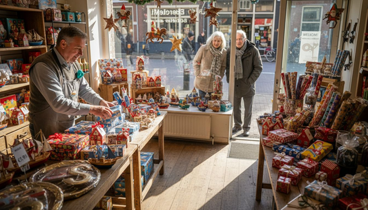 Een winkelier zet de etalage in Sinterklaassfeer.