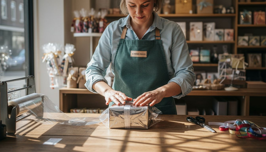 Een medewerker uit de winkel pakt een cadeau netjes in met transparant folie.