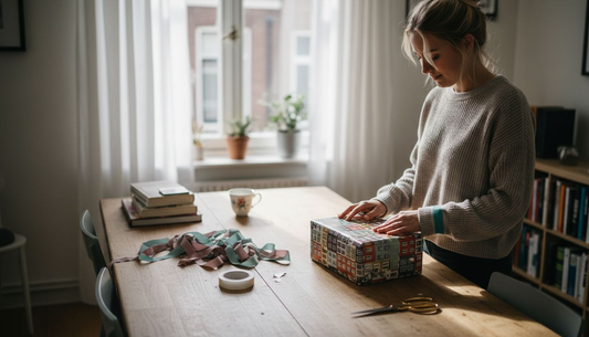Aan de eettafel zit een vrouw cadeautjes in te pakken.