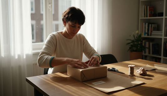 Een vrouw pakt een stijlvol, eenvoudig cadeautje in terwijl de zon naar binnen schijnt.