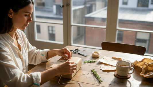 Vrouw wikkelt haar duurzame cadeau in met oog voor het milieu