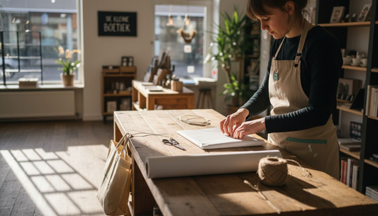 De verkoopster wikkelt het cadeau netjes in wit papier.