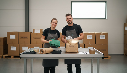 Twee collega's pakken kleding in duurzame verzendzakken.