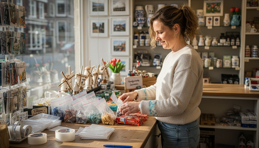 Een medewerker achter de toonbank die de plastic tasjes netjes op orde legt.