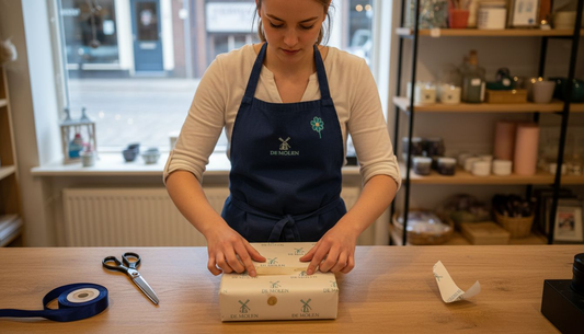 Een medewerker in de winkel zorgt ervoor dat cadeautjes mooi worden ingepakt met vrolijk bedrukt cadeaupapier.