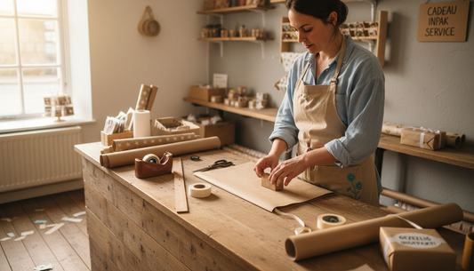 Een medewerker staat achter de balie en wikkelt een cadeau netjes in.