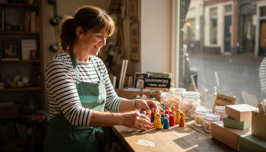 Een winkelier is bezig om de gelukspoppetjes netjes in de etalage te zetten.
