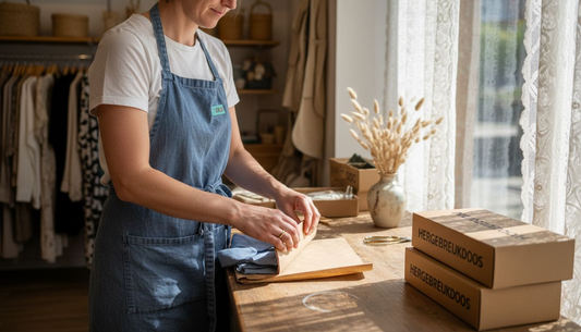 De eigenaresse van de boetiek wikkelt het shirt zorgvuldig in bruin inpakpapier.