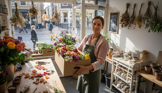 De bloemist zet het boeket zorgvuldig in een rechthoekige doos.