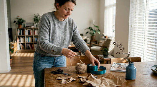 Een vrouw is in de woonkamer bezig met het ordenen van linten en jute.
