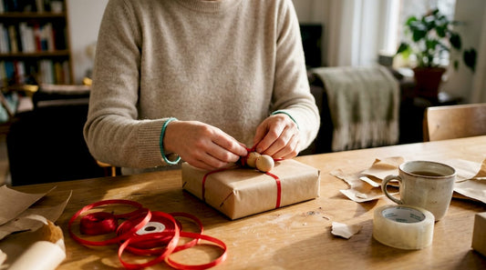Een paar handen bevestigen een gelukspoppetje aan een mooi ingepakt cadeau.