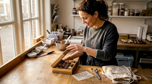 Een chocolatier opent een doos vol met zorgvuldig geselecteerde bonbons.