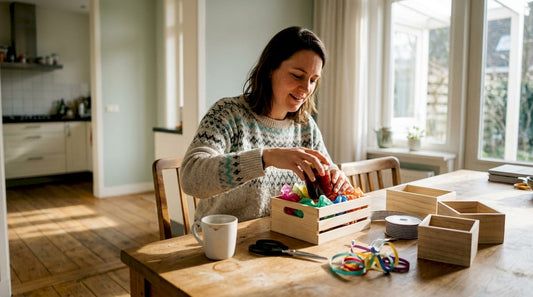 Aan de eettafel is een vrouw creatief bezig met het versieren van een houten huisje.