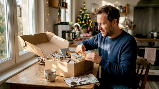 Man maakt kerstpakket open aan de keukentafel
