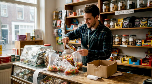 Een medewerker achter de balie vult plastic puntzakjes met producten voor de klanten.
