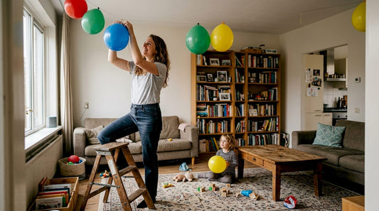Het hele gezin is druk bezig om het huis te versieren met vrolijk gekleurde ballonnen.