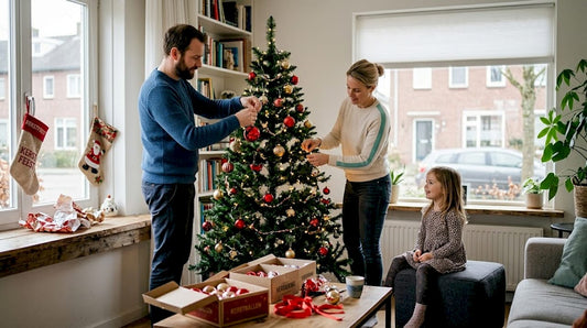 Het hele gezin versiert samen de kerstboom met rode kerstballen.