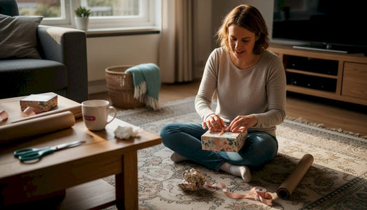 Een vrouw is in de woonkamer bezig haar Moederdagcadeau mooi in te pakken.