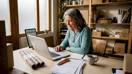 Een winkelier bladert door de prijslijst op zijn kantoor.