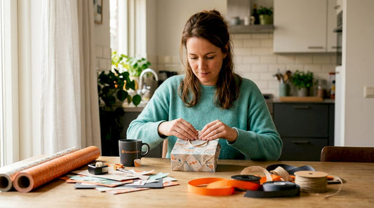 Een vrouw zit thuis aan de keukentafel creatief een cadeauzakje te versieren.