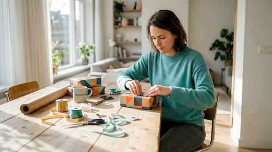 Aan de eettafel zit een vrouw zorgvuldig een cadeau in te pakken.