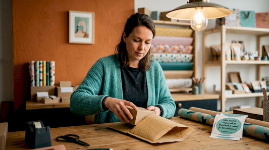 Een winkelmedewerker stopt goederen in een bubbelenvelop aan een houten bureau.