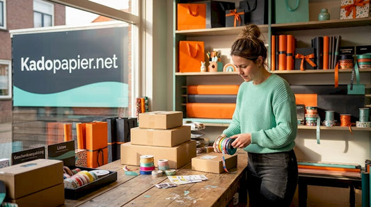 Een medewerker is in de cadeauwinkel bezig met het ordenen van verpakkingen op thema.