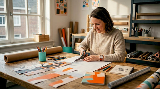 In een lichte studio is een designer bezig met het knippen van cadeaupapier.