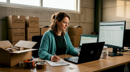 De logistiek coördinator controleert aan zijn bureau de verpakkingsspecificaties.