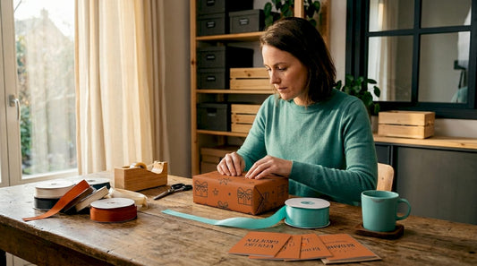 Een vrouw zit aan de eettafel cadeautjes mooi in te pakken.