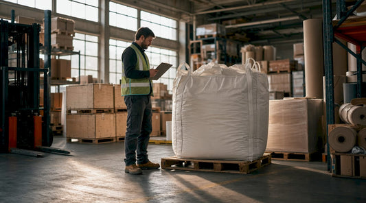Magazijnmedewerker controleert grote industriële zakken