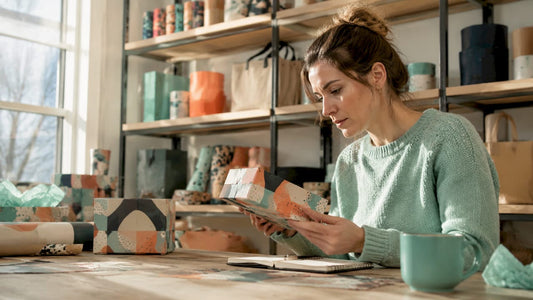 Een retailmanager buigt zich aan zijn bureau over verschillende verpakkingsproducten.