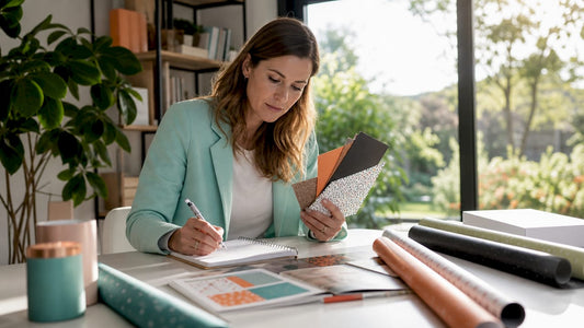 Vrouw vergelijkt voordelige verpakkingen aan haar bureau