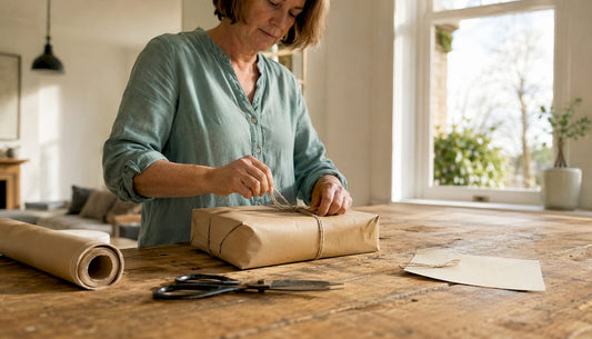 Een vrouw die thuis haar cadeaus milieuvriendelijk inpakt