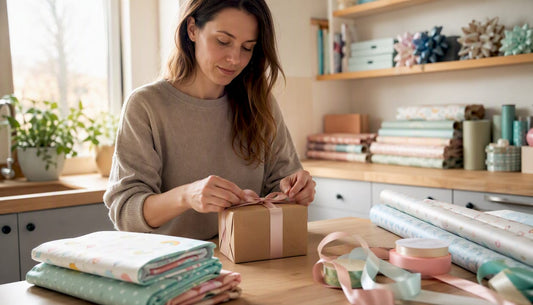 Een paar handen knoopt een organza lintje om een cadeauzakje voor een baby.