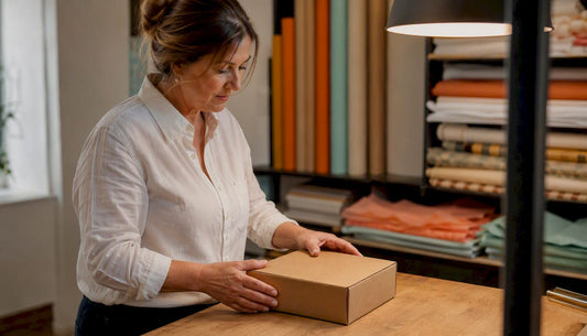 Een paar handen zet een compact pakketje voor de brievenbus op tafel neer.