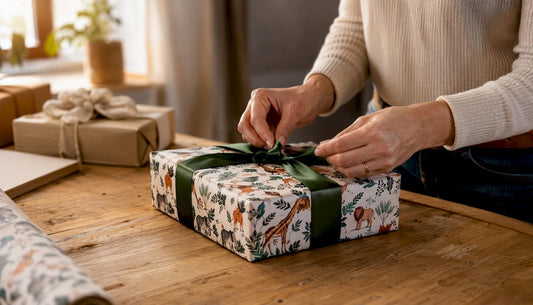 Met zorg strikken handen een lint om een feestelijk ingepakt cadeautje.