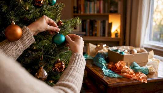 Met zorg worden verschillende kerstballen in de boom gehangen.